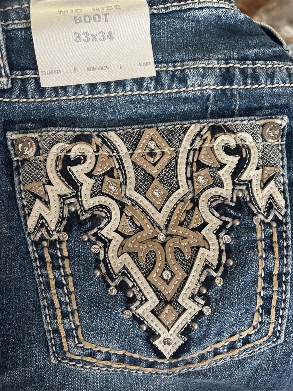 Miss Me Embellished Bootcut Jeans - Denim Blue with Tan & Cream Accents